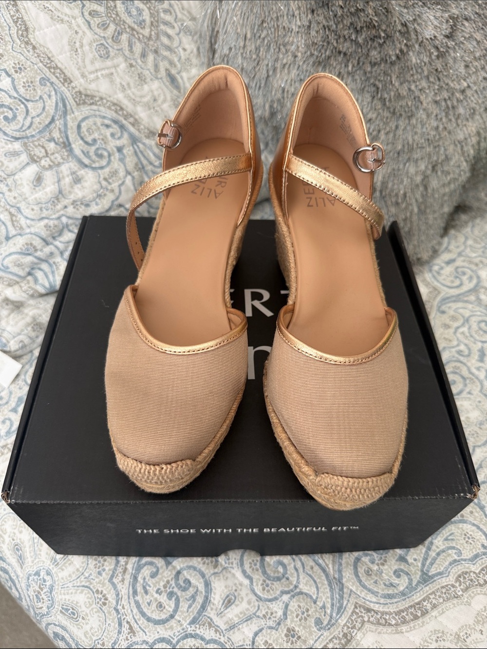 Naturalizer Bianca Beige and Bronze Espadrille Wedge Sandals with Ankle Strap
